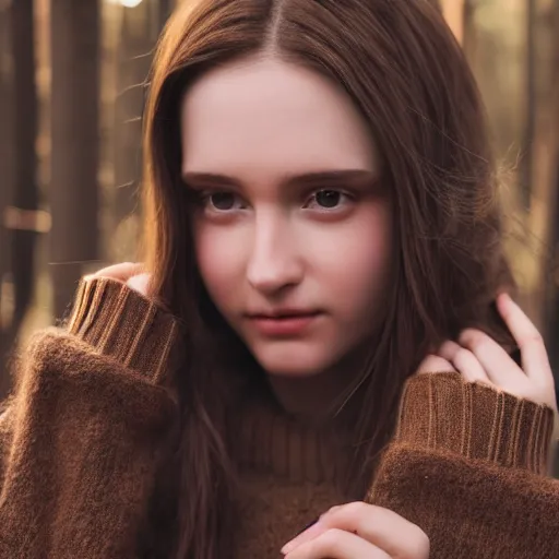 Image similar to real life photo of a beautiful girl, full body photoshoot, long brown hair, brown eyes, full round face, short smile, wool sweater belly free, forest setting, cinematic lightning, medium shot, mid - shot, highly detailed, trending on artstation, unreal engine 4 k, 8 0 mm, 8 5 mm, cinematic wallpaper