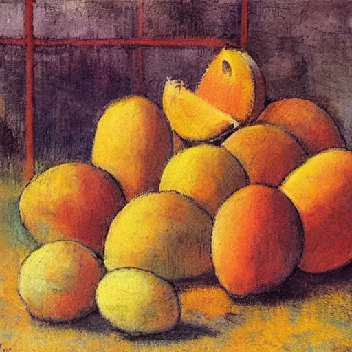 Prompt: mangoes playing basketball in the style of degas
