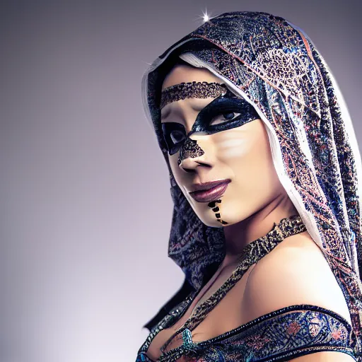 Prompt: fantasy arabian woman with mask, portrait photo, studio light, hdr, commercial shot