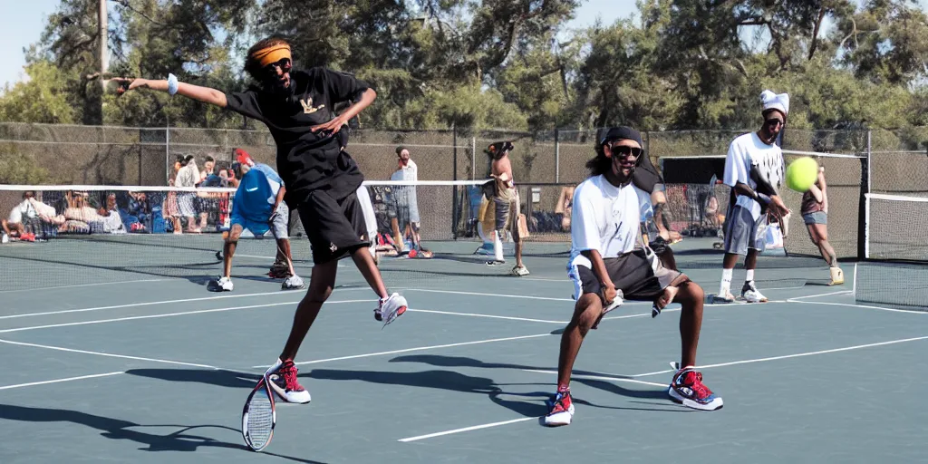 Image similar to a swagged out photo of mac dre thizzing, chillin at the tennis court with his headband on, al boo boo, the genie of the lamp, the eagle has landed, thizzlamic, stylized, 8 k, uhd.