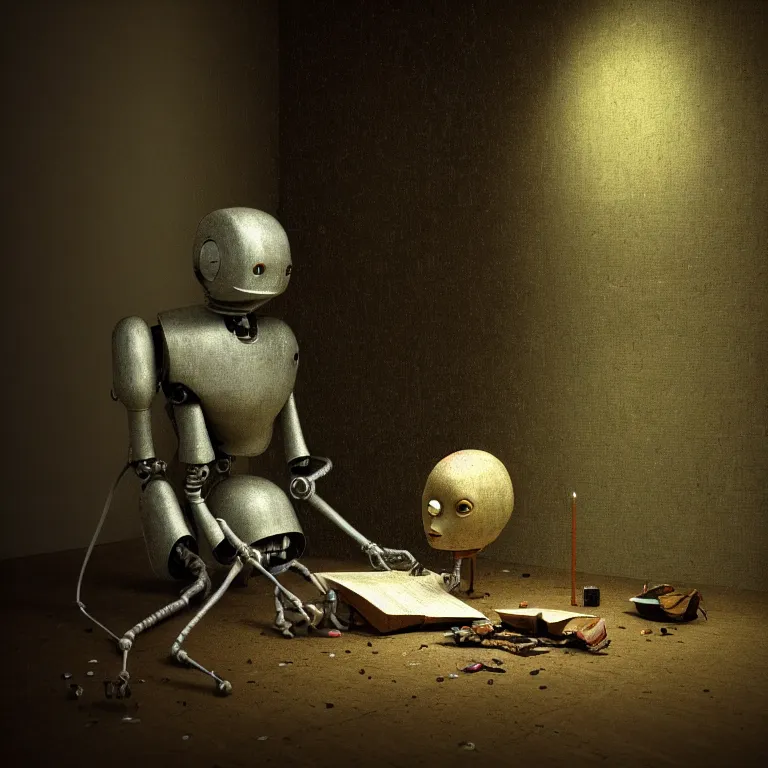 Image similar to still life of abandoned robot by hieronymus bosch, wide shot, soft glow bloom lucid dream - like ethereal atmosphere, baroque portrait painting, perfect composition, beautiful intricate detailed octane render trending on artstation, 8 k artistic photography, volumetric cinematic perfect light, chiaroscuro, masterpiece, raphael, caravaggio, rutkowski, beeple, beksinski