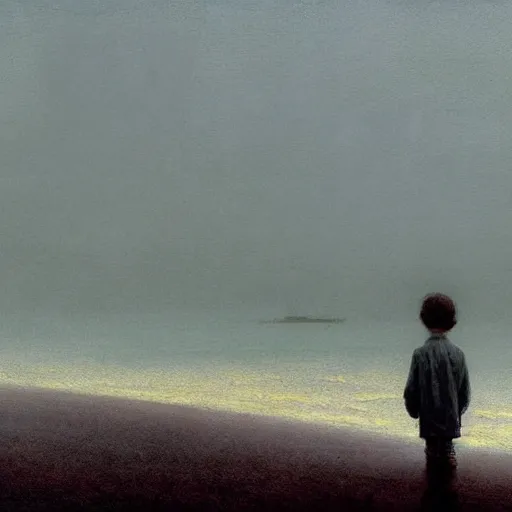 Image similar to atmospheric dreamscape painting of a boy standing on the beach on a foggy day, by moebius and john harris, atmospheric blues, concept art, saturation 40