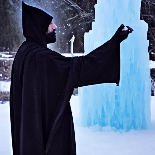 Prompt: a cloaked mage casting a magic spell toward an ice castle