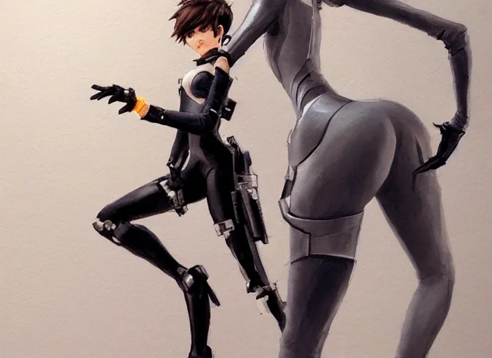 Image similar to a highly detailed beautiful portrait of tracer from overwatch as 2 b nier automata wearing a skintight suit!!, concept art!!, by gregory manchess, james gurney, james jean