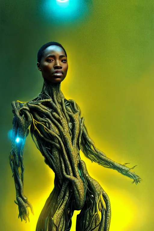 Image similar to hyperrealistic avant garde cinematic super expressive! black woman with exoskeleton armor, merging with tree in a forest, highly detailed digital art masterpiece, smooth cam de leon eric zener dramatic pearlescent soft teal yellow light, ground angle hd 8 k, sharp focus