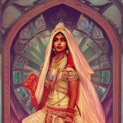 Prompt: portrait of Beautiful indian bride , full of details, matte painting, concept art, smooth, by Jordan Grimmer and by artgerm by Alphonse mucha