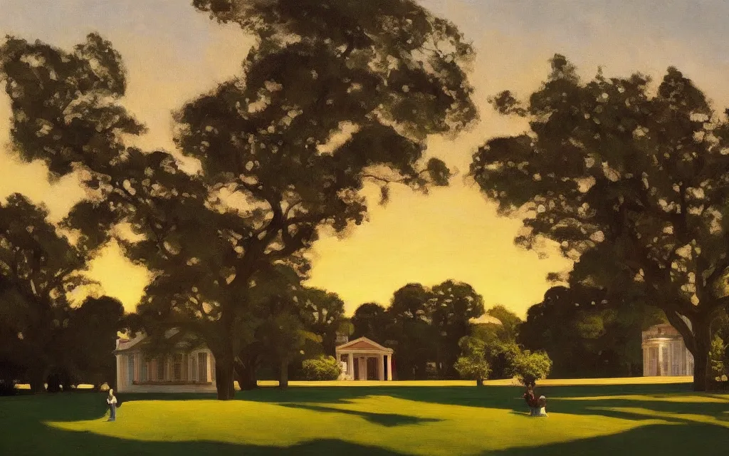 Prompt: a small country house, a small country house, an elderly couple under an avenue of roses, sunset, highly detailed, cinematic lighting, perfect composition, 4 k, edward hopper