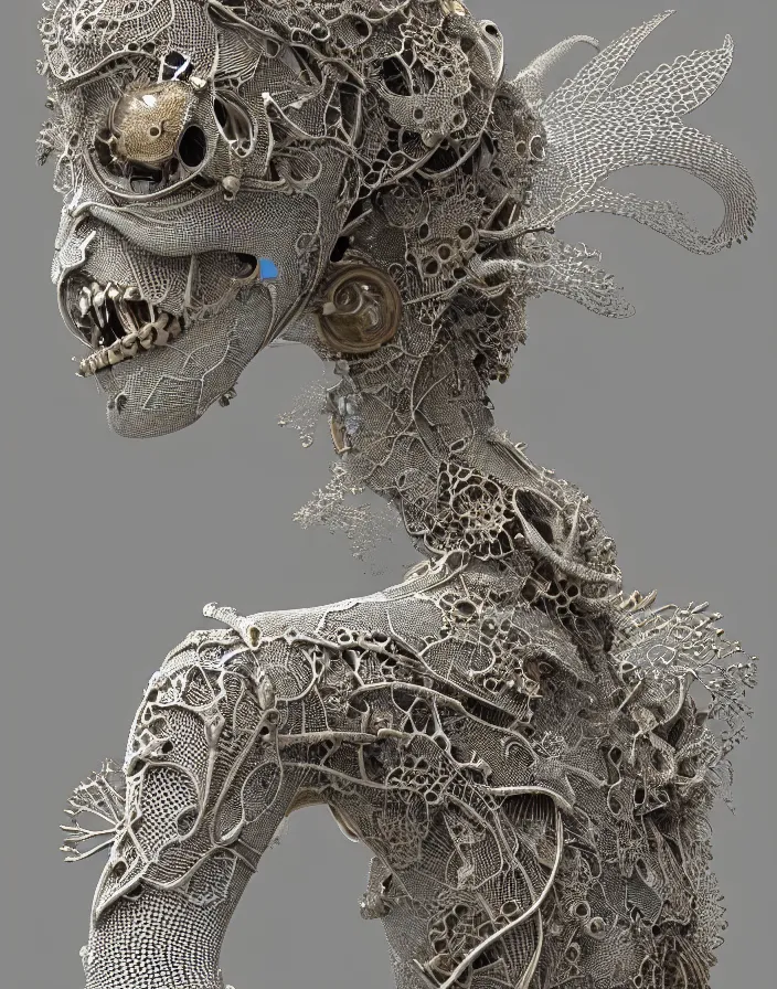 Prompt: complex 3d render, hyper detailed, ultrasharp, fascinating biomechanical dargon, analog, 150 mm lens, beautiful natural soft rim light, big leaves and stems, roots, fine foliage lace, Alexander Mcqueen high fashion haute couture, pearl earring, art nouveau fashion embroidered, steampunk, silver filigree details, liquid simulation, hexagonal mesh wire, mandelbrot fractal, anatomical, facial muscles, cable wires, microchip, elegant, hyper realistic, ultra detailed, octane render, H.R. Giger style, volumetric lighting, 8k post-production