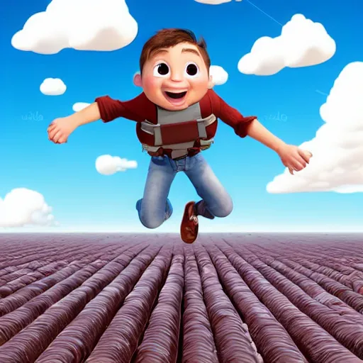 Image similar to a boy with a jetpack flying above a sea of chocolate, white background, pixar animation style,