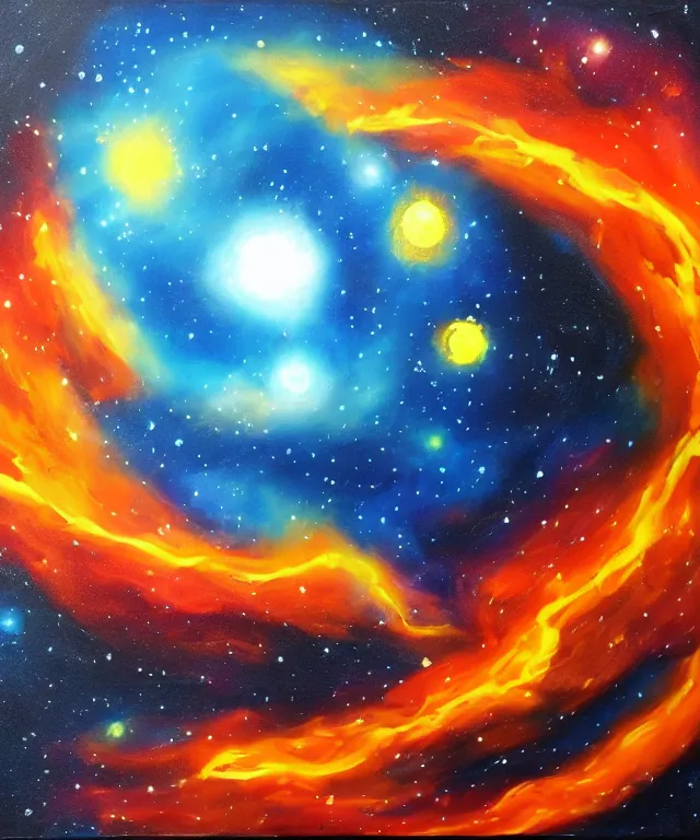 Image similar to blackhole sun, space, painting, bright colors, orange flames