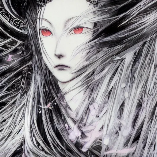 Image similar to yoshitaka amano blurred and dreamy illustration of an anime girl with black eyes, wavy white hair fluttering in the wind wearing elden ring armor and engraving, abstract black and white patterns on the background, noisy film grain effect, highly detailed, renaissance oil painting, weird portrait angle, blurred lost edges, three quarter view