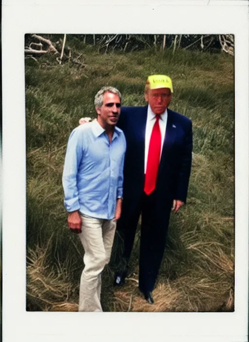 Prompt: polaroid of jeffrey epstein and donald trump on an island