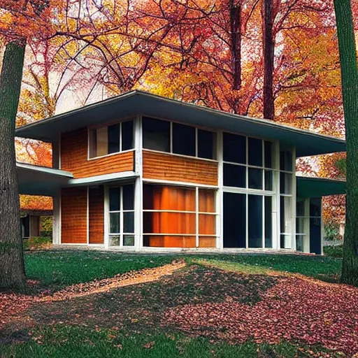 Image similar to “an American house design as a hybrid Usonian and brutalist style. During autumn. Real estate photography”