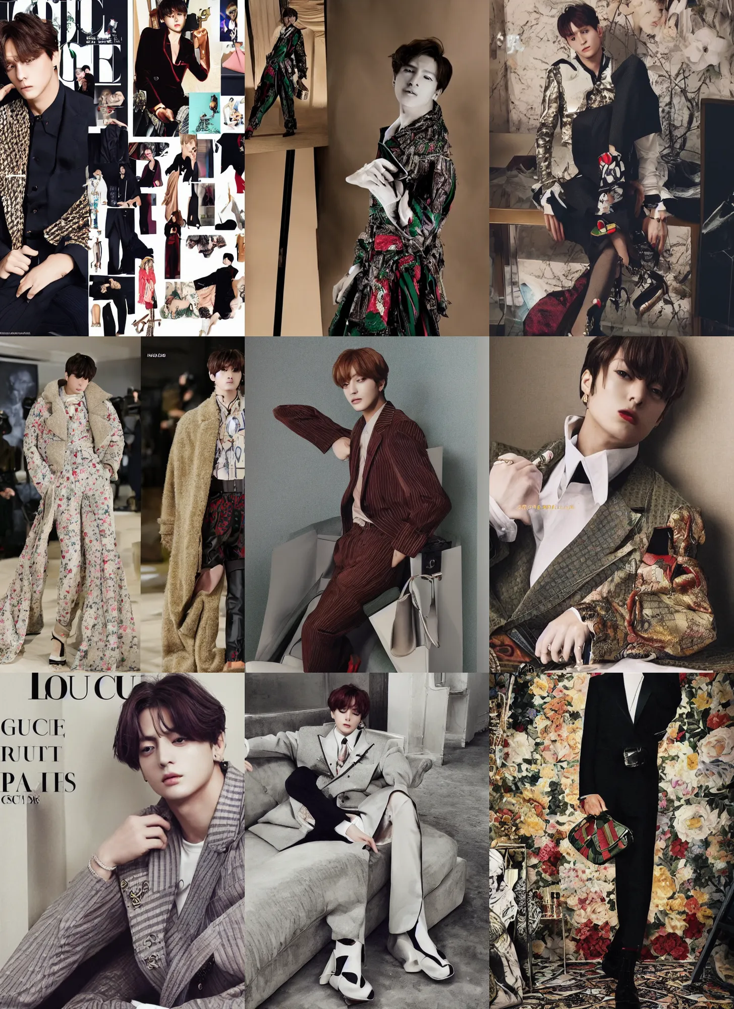 Prompt: jungkook styled in gucci, may collection, pinterest posing, high fashion expensive, louis vutton award winning outfits, glamour, full body shot, set pieces, intricate set, vogue magazine, canon, highly realistic. high resolution. highly detailed. dramatic. 8 k. 4 k.