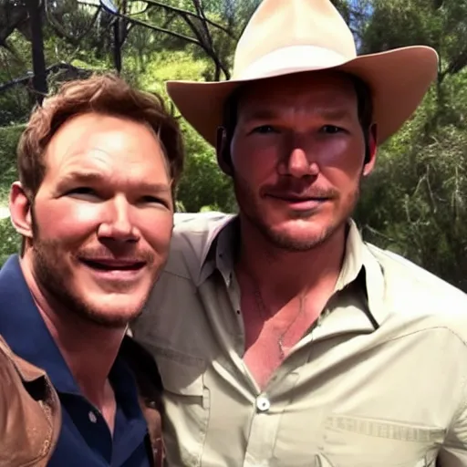 Prompt: chris pratt as indiana jones taking a selfie with harrison ford, instagram, cinematic, natural lighting, genuine smile