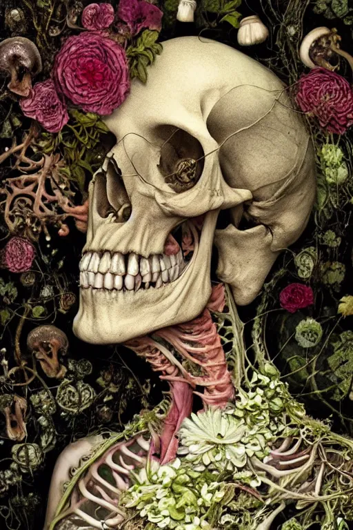 Image similar to beautiful and detailed rotten woman corpse becoming almost a skull with face muscles, veins, arteries, fractal plants and fractal flowers and mushrooms growing around, intricate, ornate, surreal, ray caesar, john constable, guy denning, dan hillier