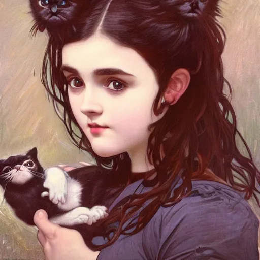 Image similar to cute baby - faced goth girl with long dark hair parted sideways thick eyebrows and dark eyes wide nose, big eyes, medium mouth, she is holding a cat in her arms, by juan villafuerte, greg rutkowski and alphonse mucha, pexels contest winner, high quality photo, rtx, hd