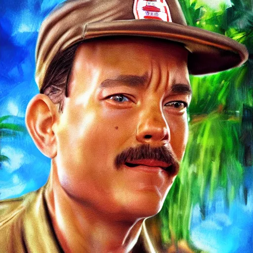 Prompt: Tom Hanks as forrest gump sitting on a giant shrimp in the jungle, realistic digital painting, in the style of Frederic St-Arnaud, photoreailstic, realistic face, amazing detail, sharp