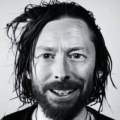 Image similar to Smiling Thom Yorke, with a beard and a black jacket, a portrait by John E. Berninger, dribble, neo-expressionism, uhd image, studio portrait, 1990s