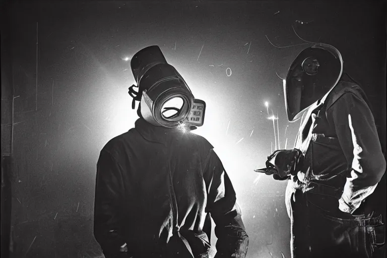 Image similar to welder in welding mask in a berlin dance club, ominous lighting, by richard avedon, tri - x pan stock