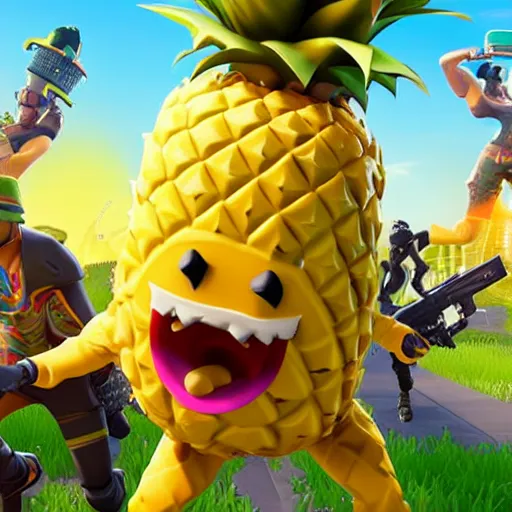 Image similar to anthropomorphic pineapple filled with beans, the bean - filled anthropomorphic pineapple is playing the video game fortnite, beans