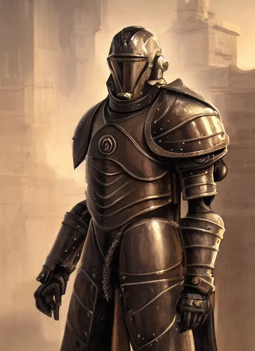 Image similar to medium-length portrait of a male paladin with short curly hair and a salt-and-pepper beard, dark brown skin, happy expression, wears a suit of power armor, magitech, nirvash, powered by an arcane core, medieval setting, highly detailed, digital painting, artstation, concept art, sharp focus, illustration, art by greg rutkowski and alphonse mucha