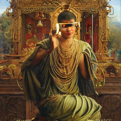 Prompt: srilankan buddhist monk blindfolded with high - teh vr steampunk headset armour baroque style, painting by gaston bussiere, craig mullins, j. c. leyendecker, lights, art by ernst haeckel, john william godward, hammershøi,