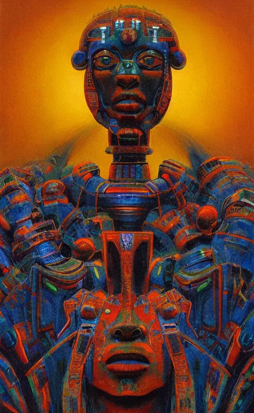 Prompt: portrait of mecha african tribal chief, symmetrical, dramatic lighting, colourful, god, art by zdzislaw beksinski,