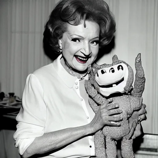 Image similar to betty white hanging out with a terrifying grotesque monster