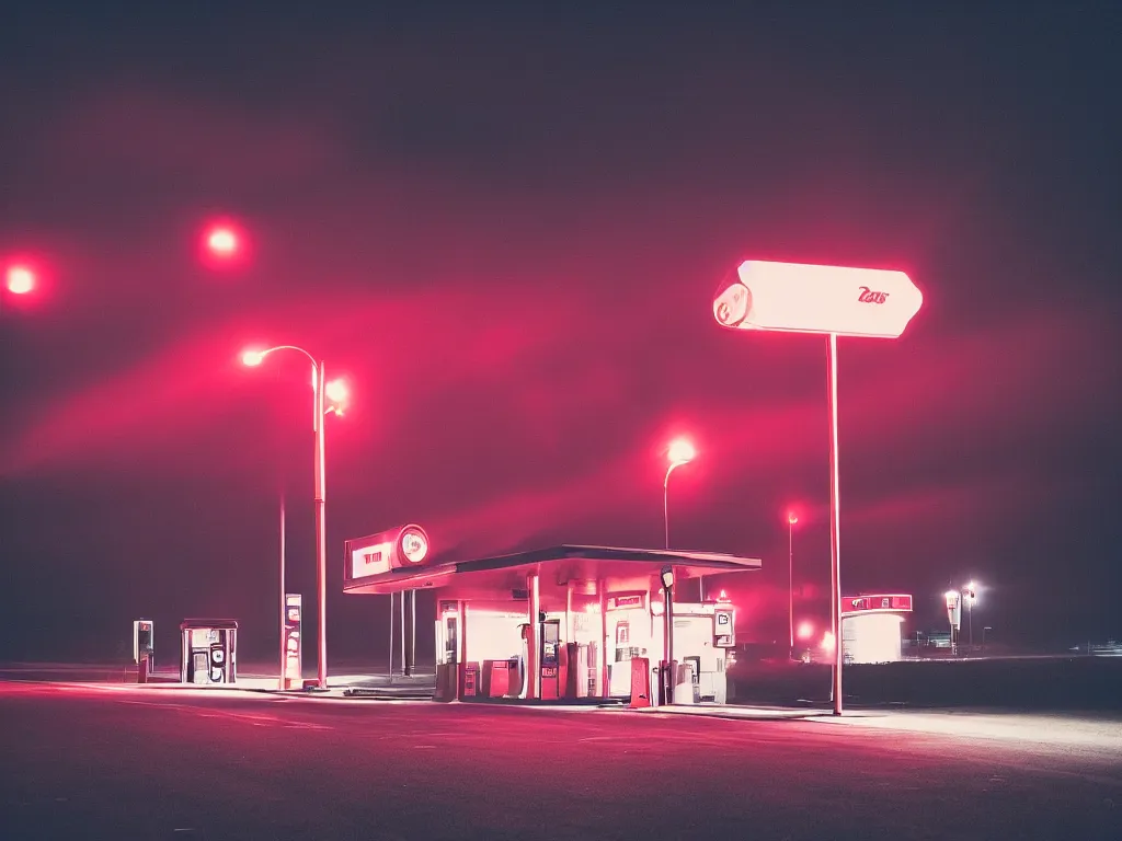 Image similar to “photography of gas station , fog, red lights, night, mood, atmospheric, full of colour, digital photography”