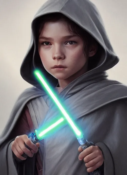 Image similar to perfectly - centered - portrait of a kid wearing grey cloak holding light saber, intricate, highly detailed, digital painting, artstation, concept art, smooth, sharp focus, illustration, unreal engine 5, 8 k, art by artgerm and greg rutkowski and alphonse mucha