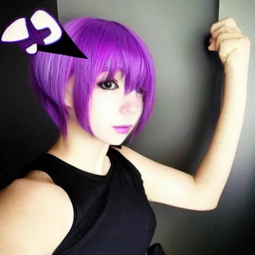 Image similar to anime girl with short purple hair and cat ears and a black tank top, aesthetic