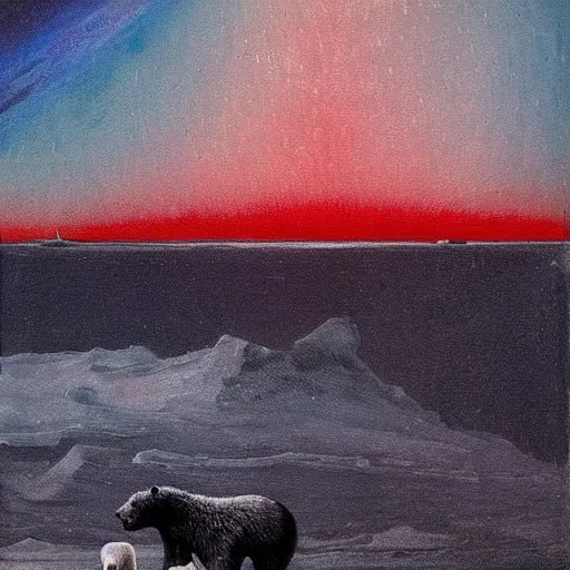 Image similar to the epic abstract painting'blue arctic void with black and red aurora borealis above a tiny polar bear family ', by caspar david friedrich!!!, by rothko!!!, stunning masterpiece, trending on artstation