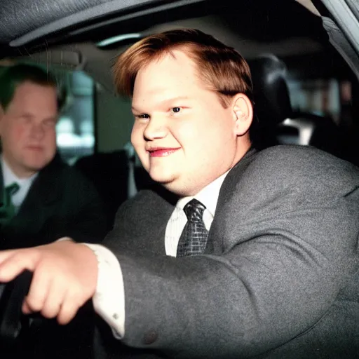 Prompt: 1 9 9 8 andy richter wearing a black wool coat and necktie in his car driving through the streets of chicago at night, point of view from back seat of car, warm, cozy, safe atmosphere