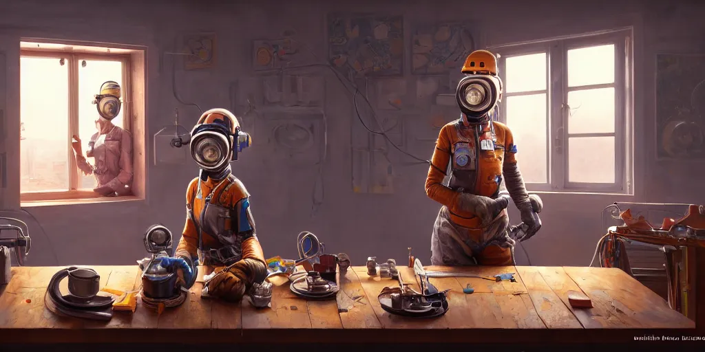 Image similar to highly detailed portrait painting of welder girl perfect symmetrical face, room mono window, table mess, by eddie mendoza and tyler edlin, 8 k resolution