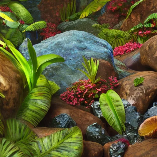 Image similar to tropical leaves, flora and fauna and flowery rocks closeup by rippling blue water, path traced, environment, highly detailed, concept art, realistic, octane render, up close shot shinji aramaki, karol bak, alphonse mucha