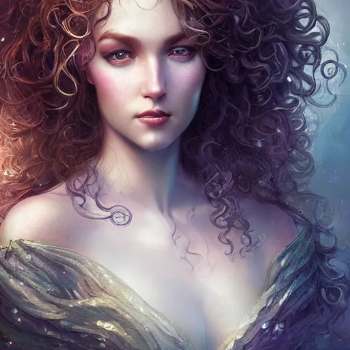 Image similar to beautiful mermaid with curly hair, magical details, magical atmosphere, cinematic lighting, hyper - detailed, cgsociety, 3 - d 8 k, high resolution, in the style of charlie bowater, tom bagshaw, alexis franklin, elena masci, pawel rebisz