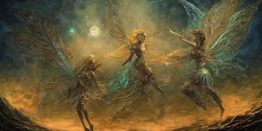 Image similar to concept art of translucent glowing fairies dancing, lovecraftian, renaissance, melting, round moon, rich clouds, fighting the horrors of the unknown, very detailed, volumetric light, mist, fine art, decaying, textured oil over canvas, epic fantasy art, very colorful, ornate intricate scales