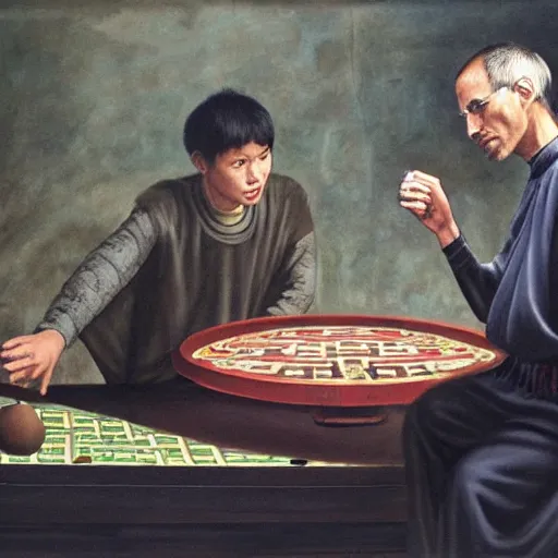 Image similar to Caesar and Steve Jobs playing Go in the ancient Chinese palace , oil painting, 4k,