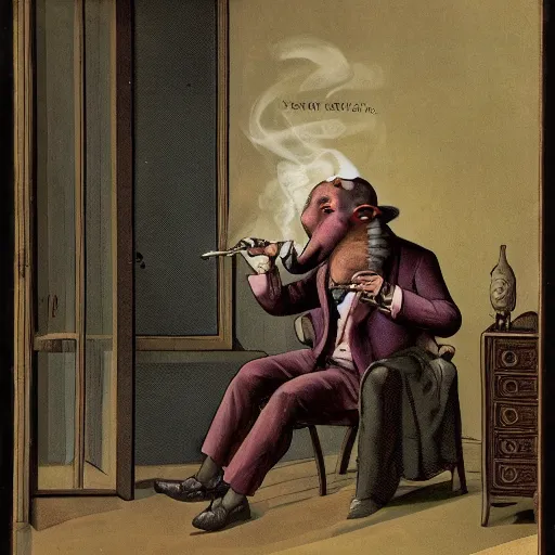 Prompt: elephantman smoking a pipe and watching television in a stylish villa