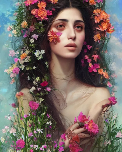 Image similar to portrait of a middle eastern girl, surrounded by flowers by karol bak, james jean, tom bagshaw, rococo, sharp focus, trending on artstation, cinematic lighting, hyper realism, octane render, 8 k, hyper detailed.