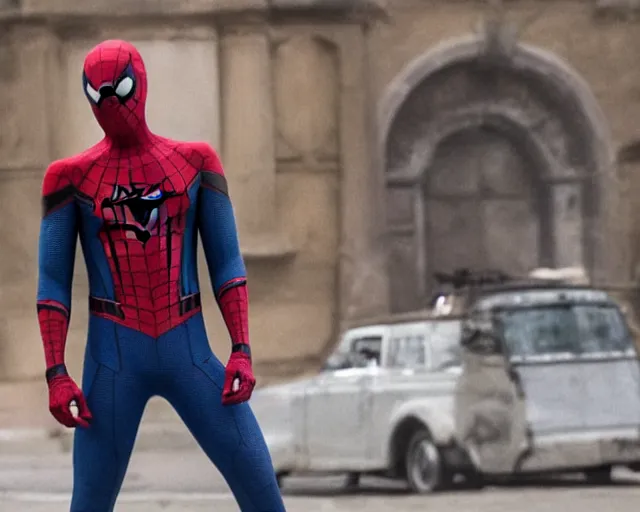 Image similar to photograph of spider - man on a movie set