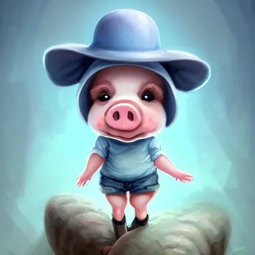 Image similar to cute little anthropomorphic funny female pig wearing shorts, a hat, boots and a pale blue shirt!! tiny!! fully clothed!!! small, short, cute and adorable, character art portrait, matte fantasy painting, deviantart artstation, by jason felix by steve argyle by tyler jacobson by peter mohrbacher, cinema