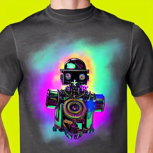 Image similar to mockup of a black tshirt with a hyperdetailed portrait of a trippy steam punk robot, 8 k, symetrical, flourescent colors, happy mood, multicolored,