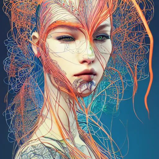 Image similar to the head of an extremely beautiful woman partially made of carrots and blueberries, an ultrafine detailed illustration by james jean, final fantasy, intricate linework, bright colors, behance contest winner, vanitas, angular, altermodern, unreal engine 5 highly rendered, global illumination, radiant light, detailed and intricate environment