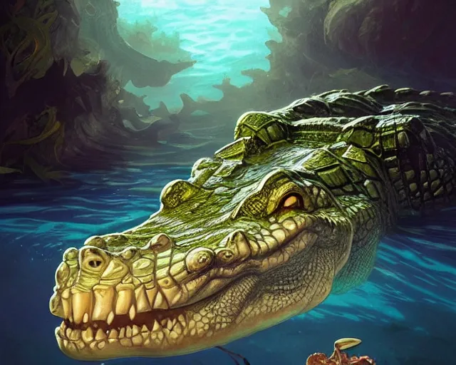 Image similar to a crocodile underwater discovering a glowing key on the bottom of a lake, deep focus, d & d, fantasy, intricate, elegant, highly detailed, digital painting, artstation, concept art, matte, sharp focus, illustration, hearthstone, art by artgerm and greg rutkowski and alphonse mucha