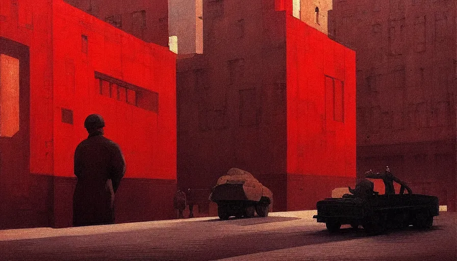 Image similar to only with red, soviet communism city cold atmosphere and with soviet flag, in the style of beksinski, by edward hopper and rodcenko and yue minjun and cory loftis, intricate and epic composition, red by caravaggio, highly detailed, masterpiece, red light, artstation, art nouveau