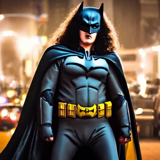 Image similar to A movie still of Weird Al Yankovic as Batman, dynamic lighting, 8k, Heroic Pose, 2022 picture of the year