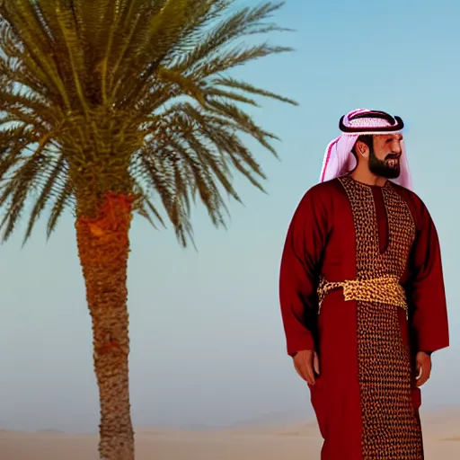 Image similar to realistic photo of omani man wearing traditional clothes standing in a desert