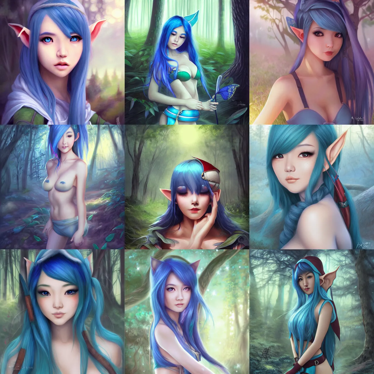 Prompt: beautiful young Asian elf woman with elf ears and blue hair in a hazy forest at dusk, artwork by Artgerm